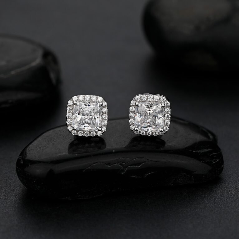 Square Sparkle Halo Stud Earrings